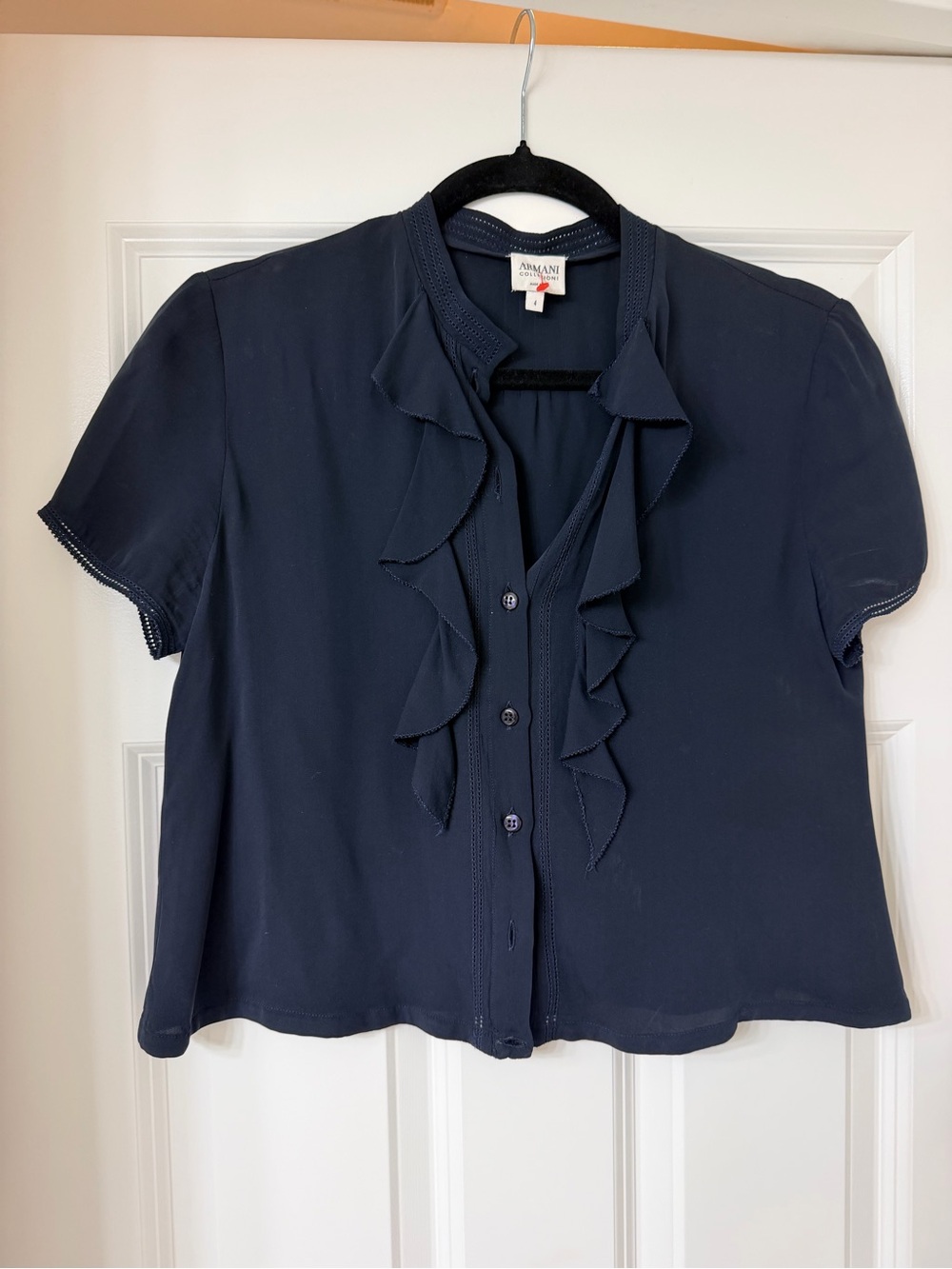Armani Collezioni Navy Short Sleeve Ruffle Front Blouse